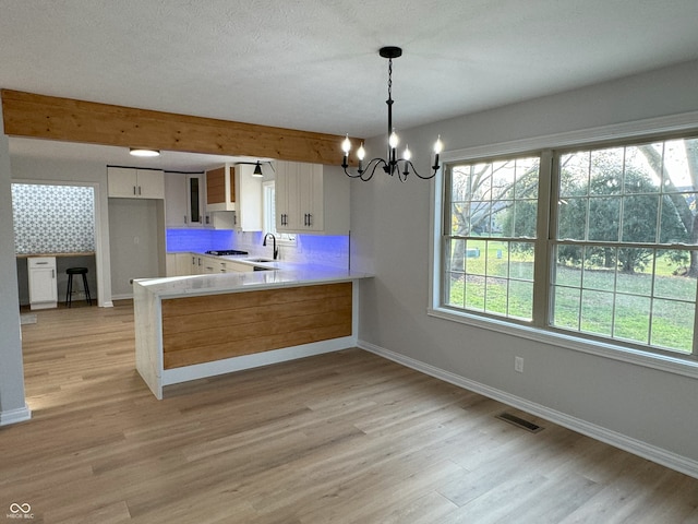 kitchen with white cabinetry, beam ceiling, decorative backsplash, light hardwood / wood-style floors, and kitchen peninsula