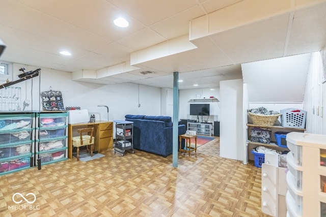 basement with parquet flooring