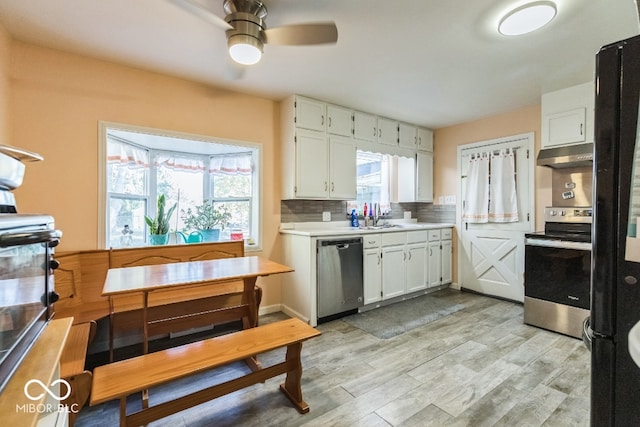 kitchen with stainless steel appliances, light hardwood / wood-style floors, white cabinetry, tasteful backsplash, and ceiling fan