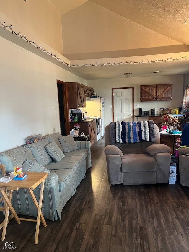 living room with high vaulted ceiling and dark hardwood / wood-style flooring