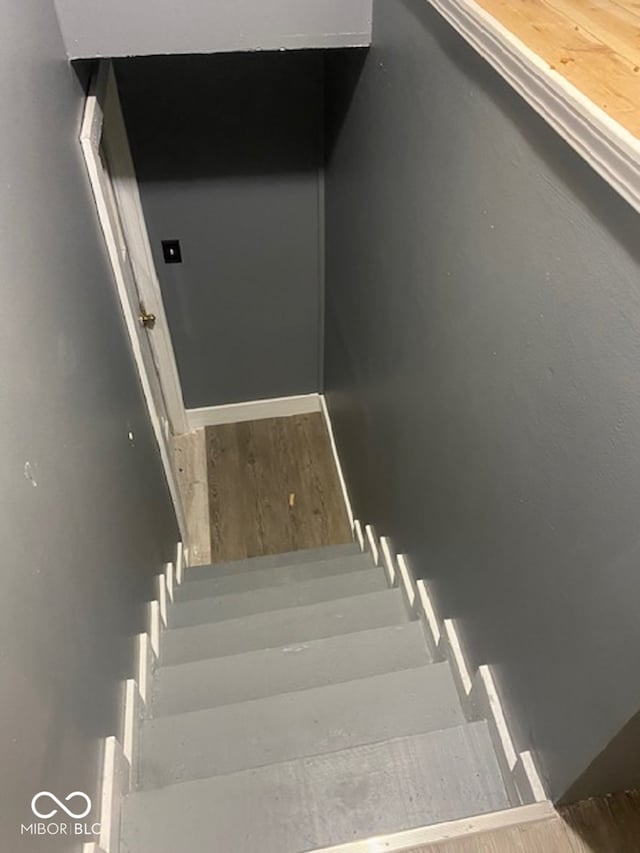 stairway with hardwood / wood-style flooring