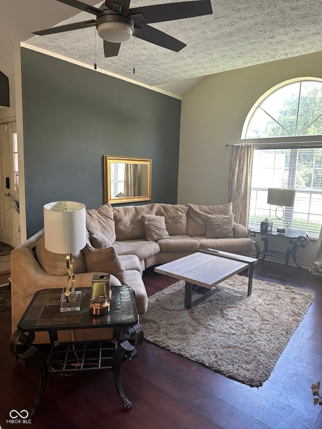 living room with hardwood / wood-style flooring, ceiling fan, and a textured ceiling