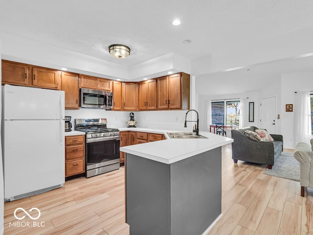 kitchen featuring stainless steel appliances, sink, light wood-type flooring, and kitchen peninsula