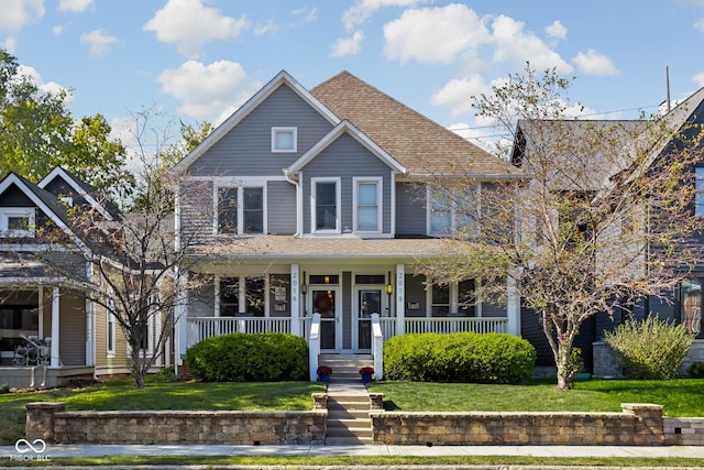 view of front of property featuring covered porch and a front yard