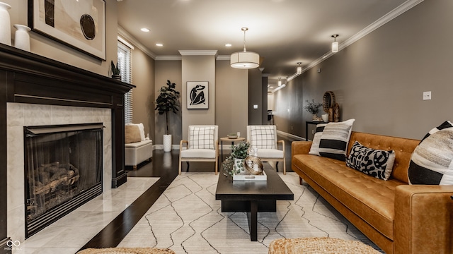 living room featuring a fireplace and ornamental molding