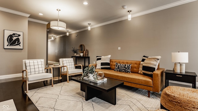 living room with light hardwood / wood-style floors and ornamental molding