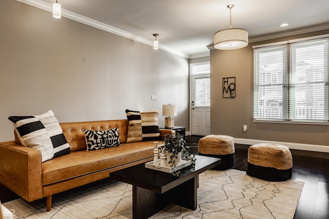 living room featuring hardwood / wood-style floors and ornamental molding