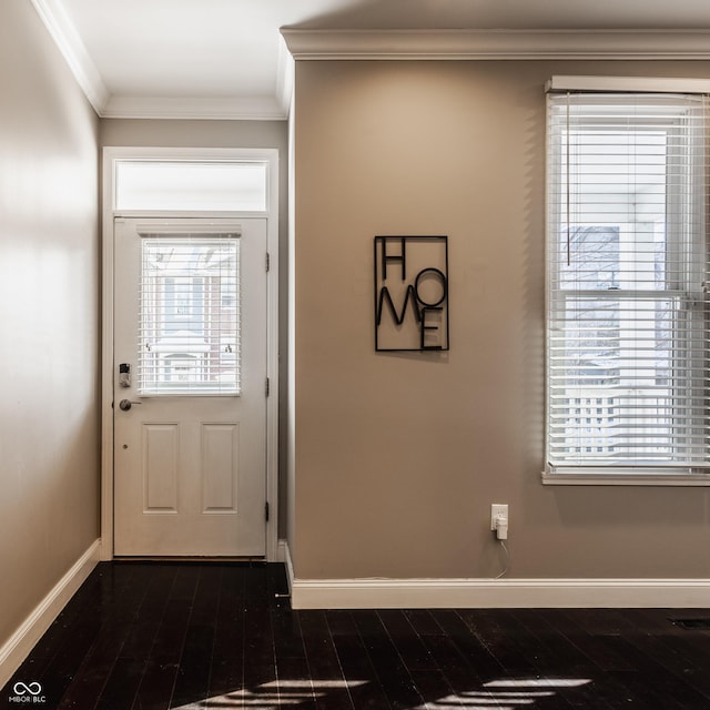 entryway featuring dark hardwood / wood-style flooring and ornamental molding