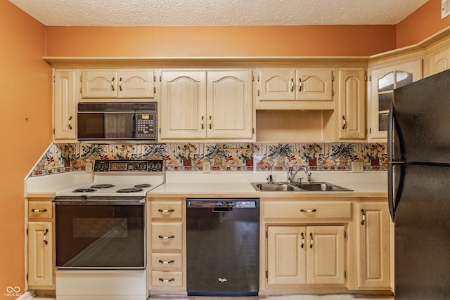 kitchen featuring black appliances, backsplash, sink, and a textured ceiling