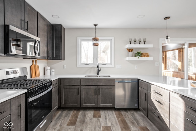 kitchen with sink, plenty of natural light, dark wood-type flooring, and appliances with stainless steel finishes