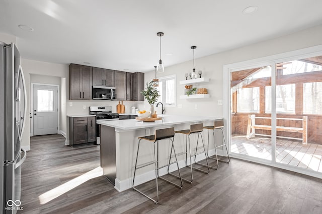 kitchen with a breakfast bar, dark brown cabinets, stainless steel appliances, and a healthy amount of sunlight