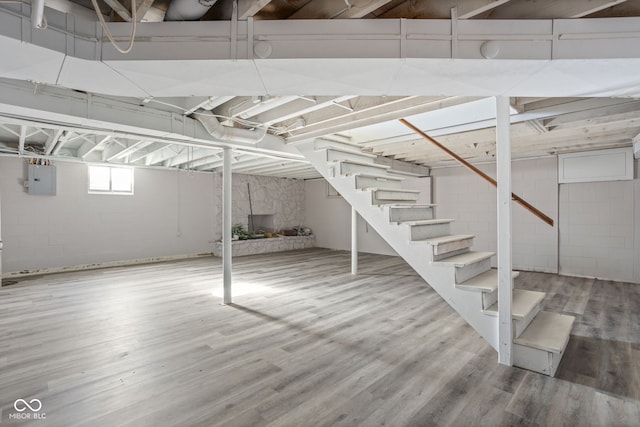 basement with hardwood / wood-style floors and electric panel