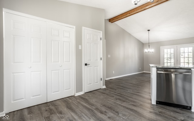 kitchen with dark hardwood / wood-style flooring, lofted ceiling with beams, decorative light fixtures, an inviting chandelier, and dishwasher