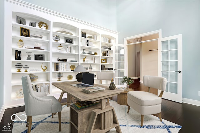 office area with a towering ceiling, french doors, and dark hardwood / wood-style flooring