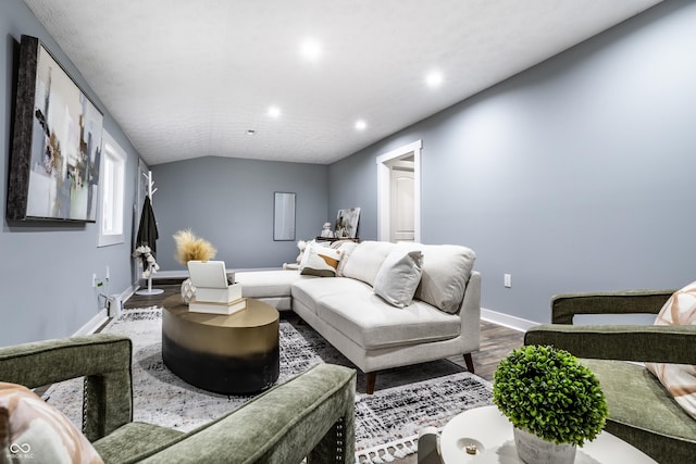 1621 Draper St, Indianapolis, IN 46203 - living room featuring dark wood finished floors, recessed lighting, baseboards, and lofted ceiling