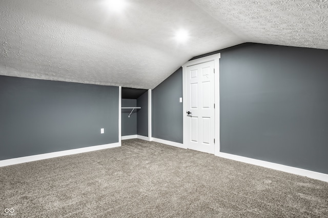 additional living space featuring carpet, a textured ceiling, and lofted ceiling