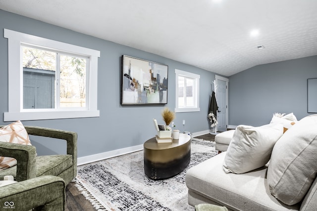 living room featuring wood-type flooring, vaulted ceiling, and plenty of natural light