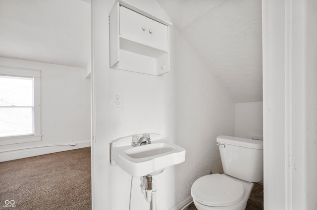 bathroom with lofted ceiling and toilet