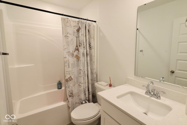 full bathroom featuring vanity, shower / bath combo, and toilet