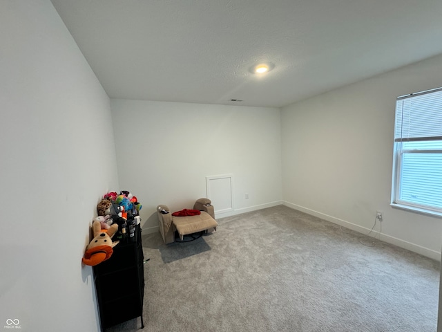 living area featuring light carpet