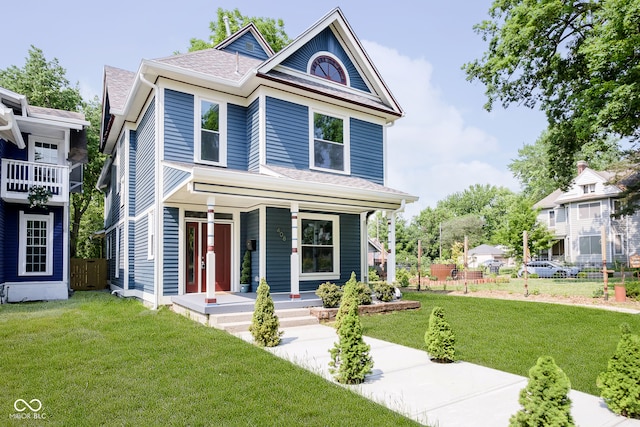 view of front of property featuring a front yard and covered porch