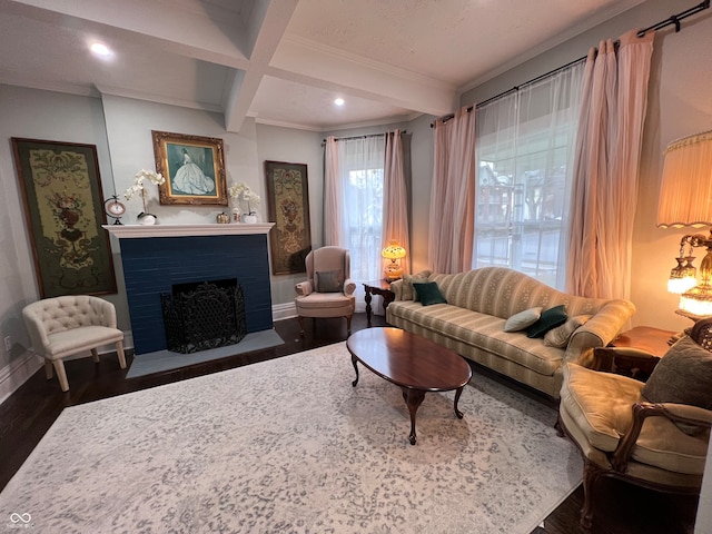 living room with beamed ceiling, dark hardwood / wood-style floors, crown molding, and coffered ceiling