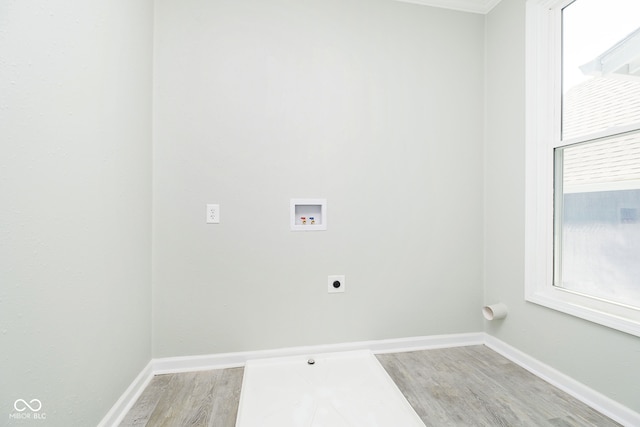 washroom with washer hookup, electric dryer hookup, and light hardwood / wood-style flooring