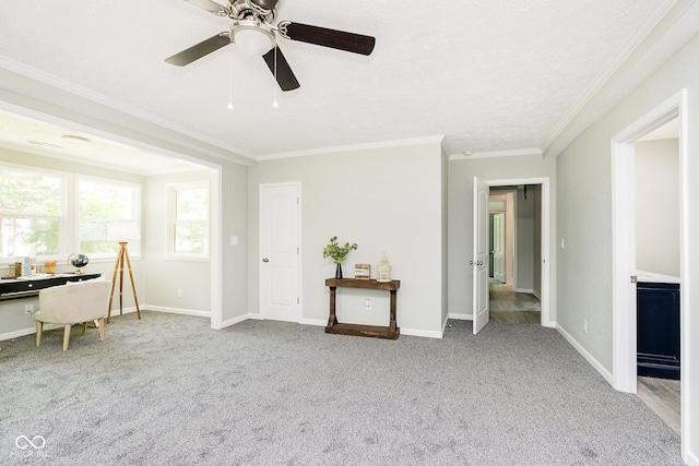 408 W 11th St, Anderson, IN 46016 - carpeted office featuring ornamental molding, ceiling fan, and baseboards