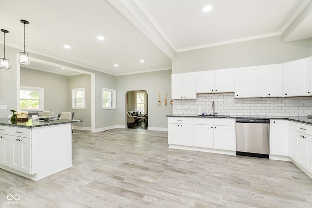 kitchen featuring dishwasher, light hardwood / wood-style floors, and white cabinetry