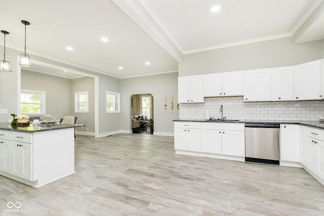 408 W 11th St, Anderson, IN 46016 - kitchen with dishwasher, a sink, light wood-style flooring, ornamental molding, and decorative backsplash