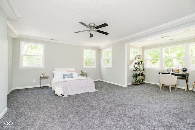 carpeted bedroom featuring ceiling fan, multiple windows, a textured ceiling, and crown molding