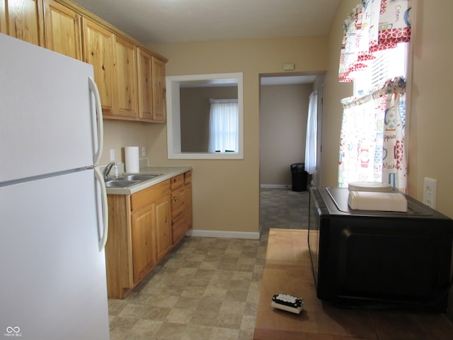 kitchen with a wealth of natural light, sink, and white fridge