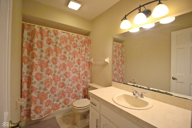 bathroom with toilet, vanity, tile patterned floors, and walk in shower