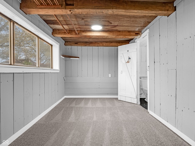 basement featuring carpet, wood walls, and wooden ceiling