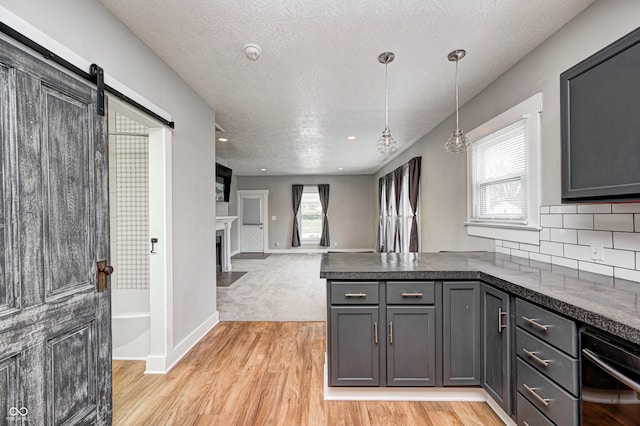 kitchen with light hardwood / wood-style floors, a barn door, and a healthy amount of sunlight