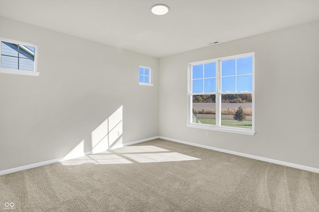 unfurnished room featuring a wealth of natural light and light colored carpet