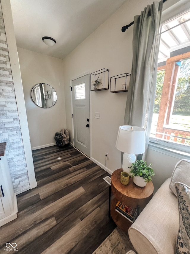 foyer entrance with lofted ceiling and dark hardwood / wood-style floors