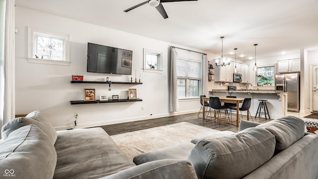 living room with dark wood-style flooring, a wealth of natural light, ceiling fan with notable chandelier, and baseboards