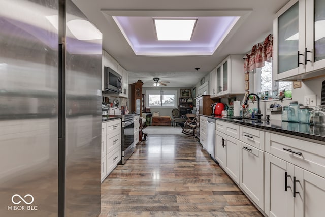 8190 Beech Grove Rd, Martinsville, IN 46151 - kitchen with stainless steel appliances, a tray ceiling, white cabinetry, wood finished floors, and glass insert cabinets