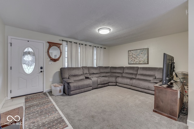 carpeted living room with a textured ceiling