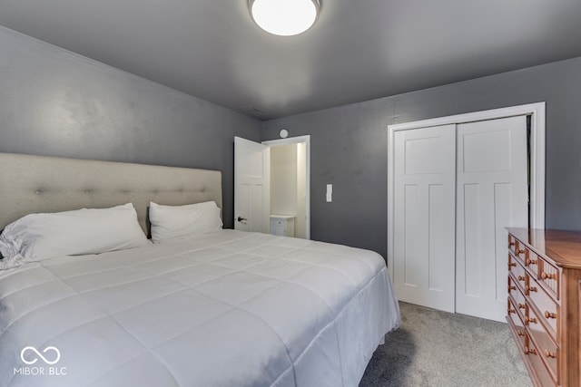 bedroom featuring carpet flooring and a closet