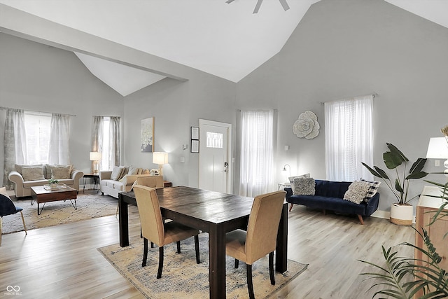 dining space with ceiling fan, light hardwood / wood-style flooring, and high vaulted ceiling