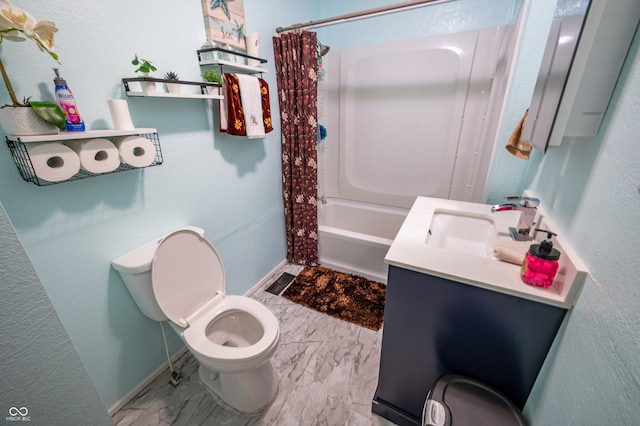 full bathroom with vanity, shower / bath combination with curtain, and toilet