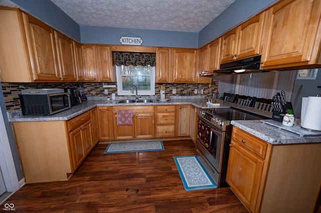 kitchen featuring stainless steel appliances, sink, tasteful backsplash, dark hardwood / wood-style floors, and a textured ceiling