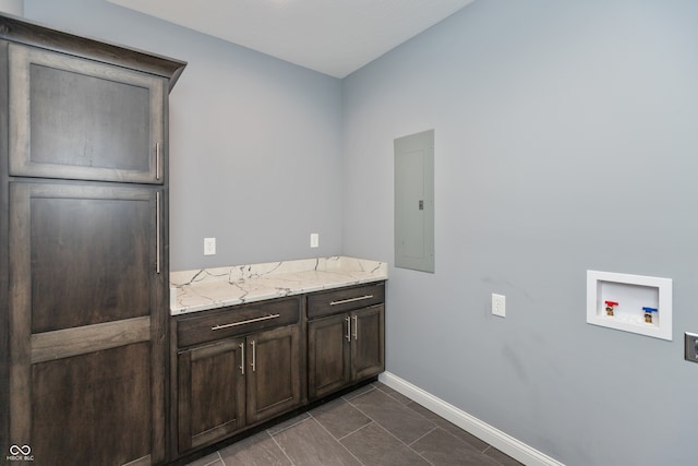 bathroom with tile patterned flooring, vanity, and electric panel