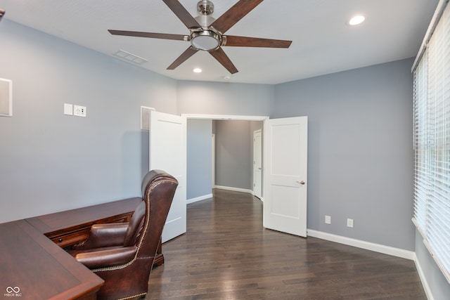 office space with ceiling fan and dark hardwood / wood-style flooring