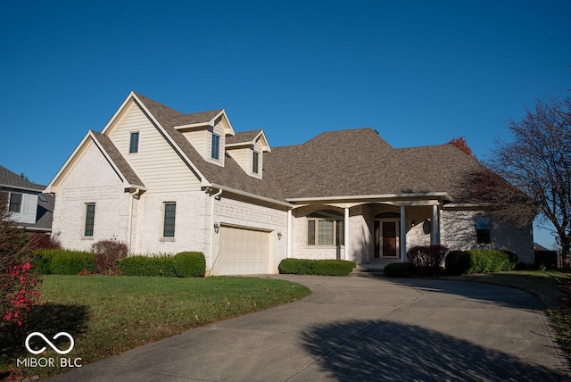 view of front facade featuring a garage, covered porch, and a front yard