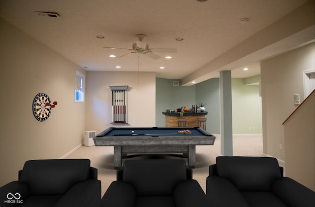 playroom with ceiling fan, carpet floors, and billiards