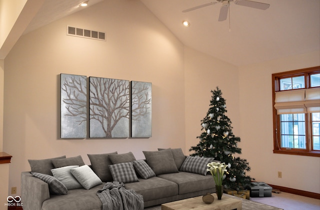 living room with carpet flooring, ceiling fan, and high vaulted ceiling