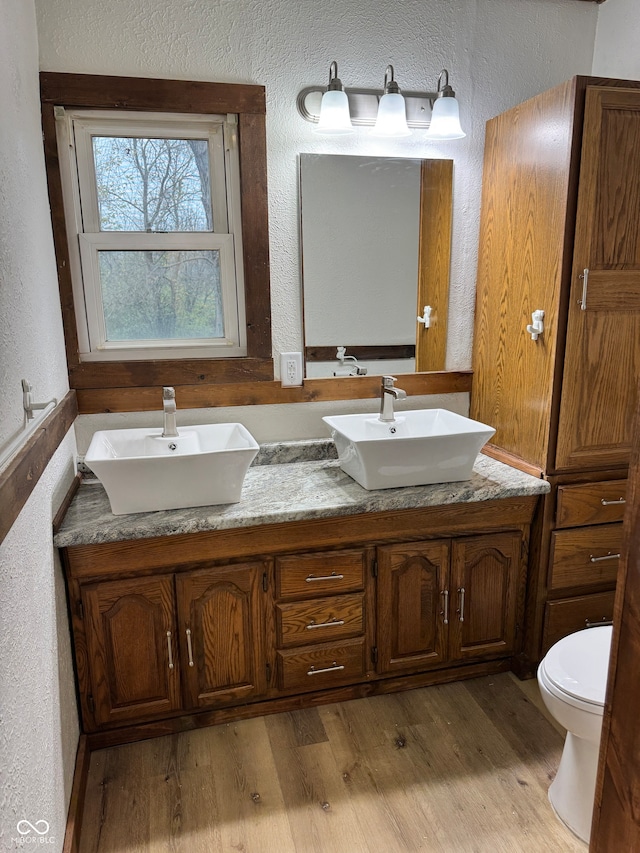 bathroom with hardwood / wood-style floors, vanity, and toilet